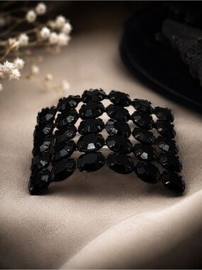 Vintage Jet Black Rhinestone Statement Brooch & Scarf Slide